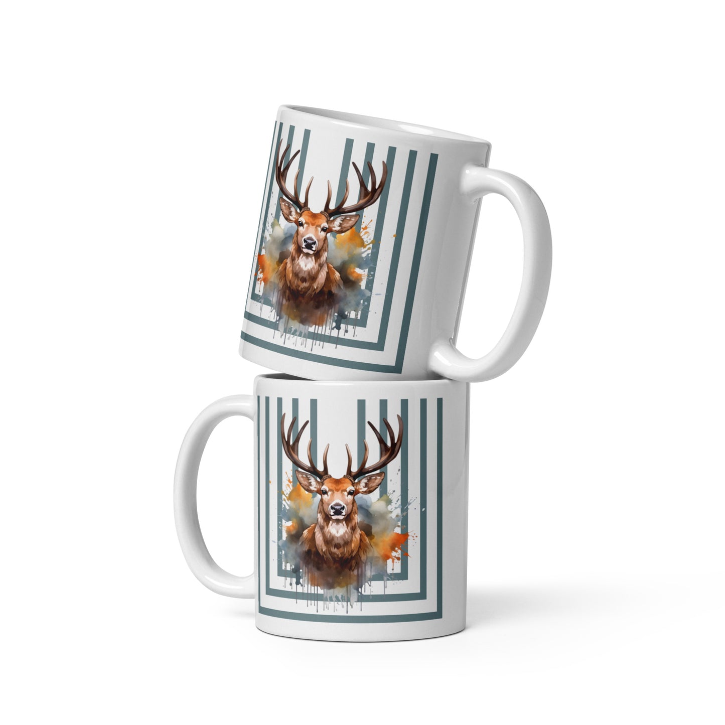 Wilderness Elegance: Deer Portrait Mug with Blue Stripes