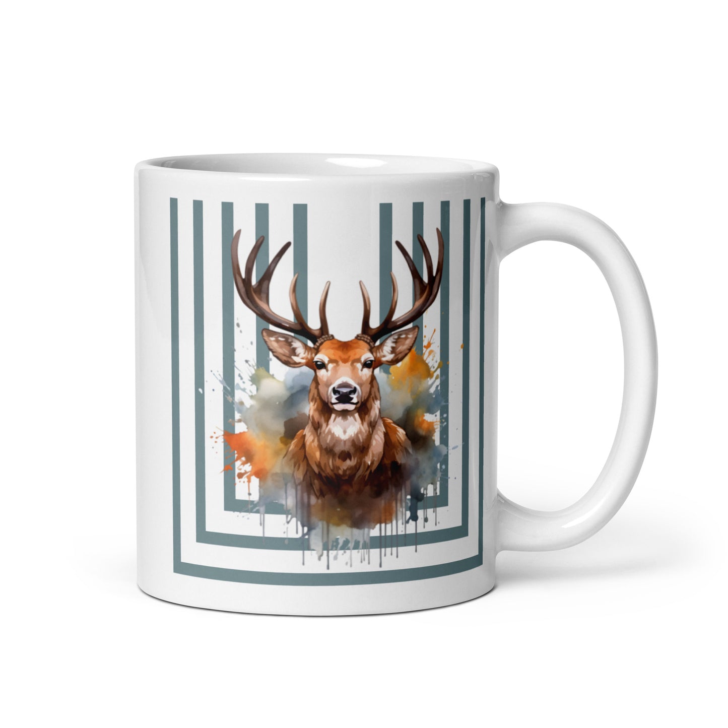 Wilderness Elegance: Deer Portrait Mug with Blue Stripes