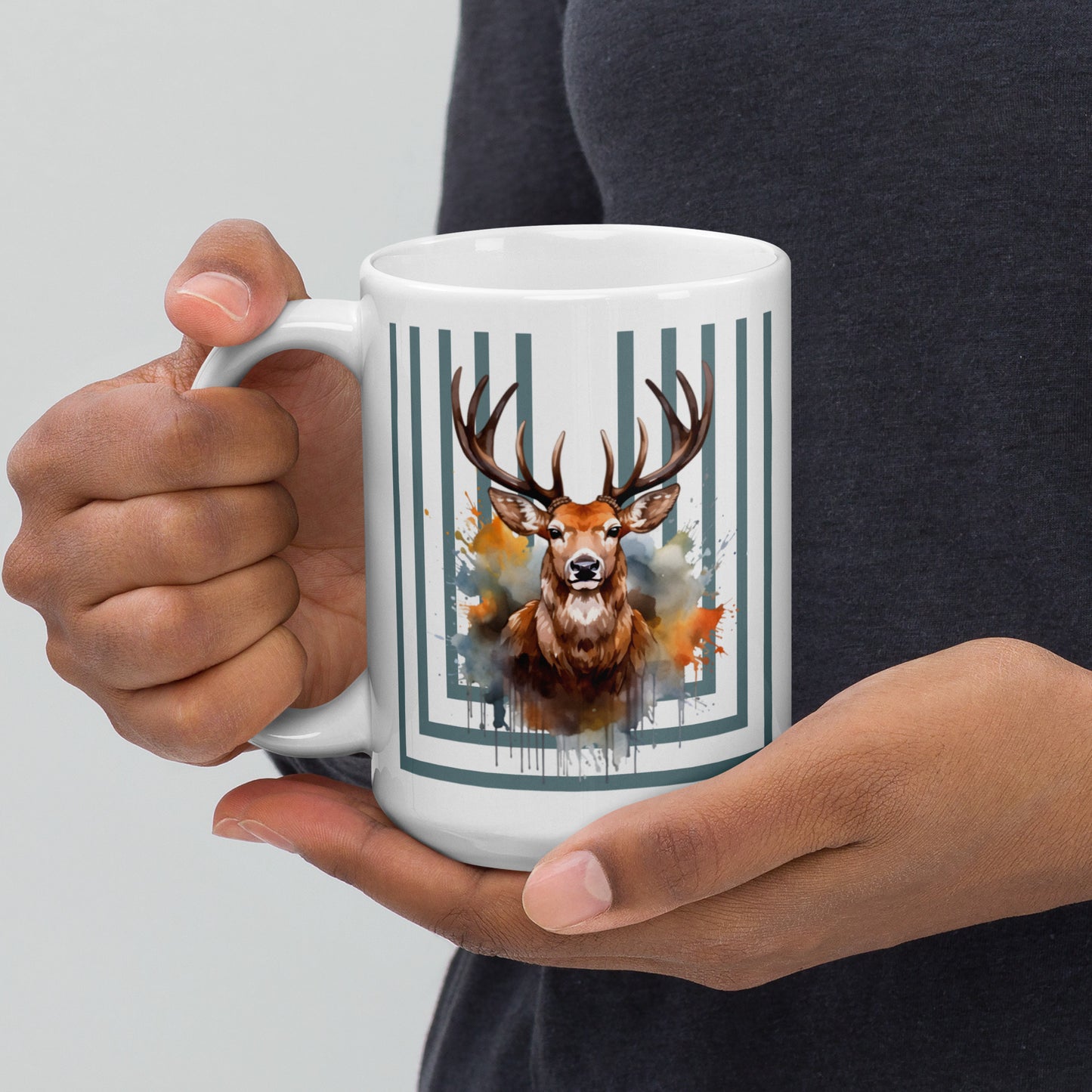 Wilderness Elegance: Deer Portrait Mug with Blue Stripes