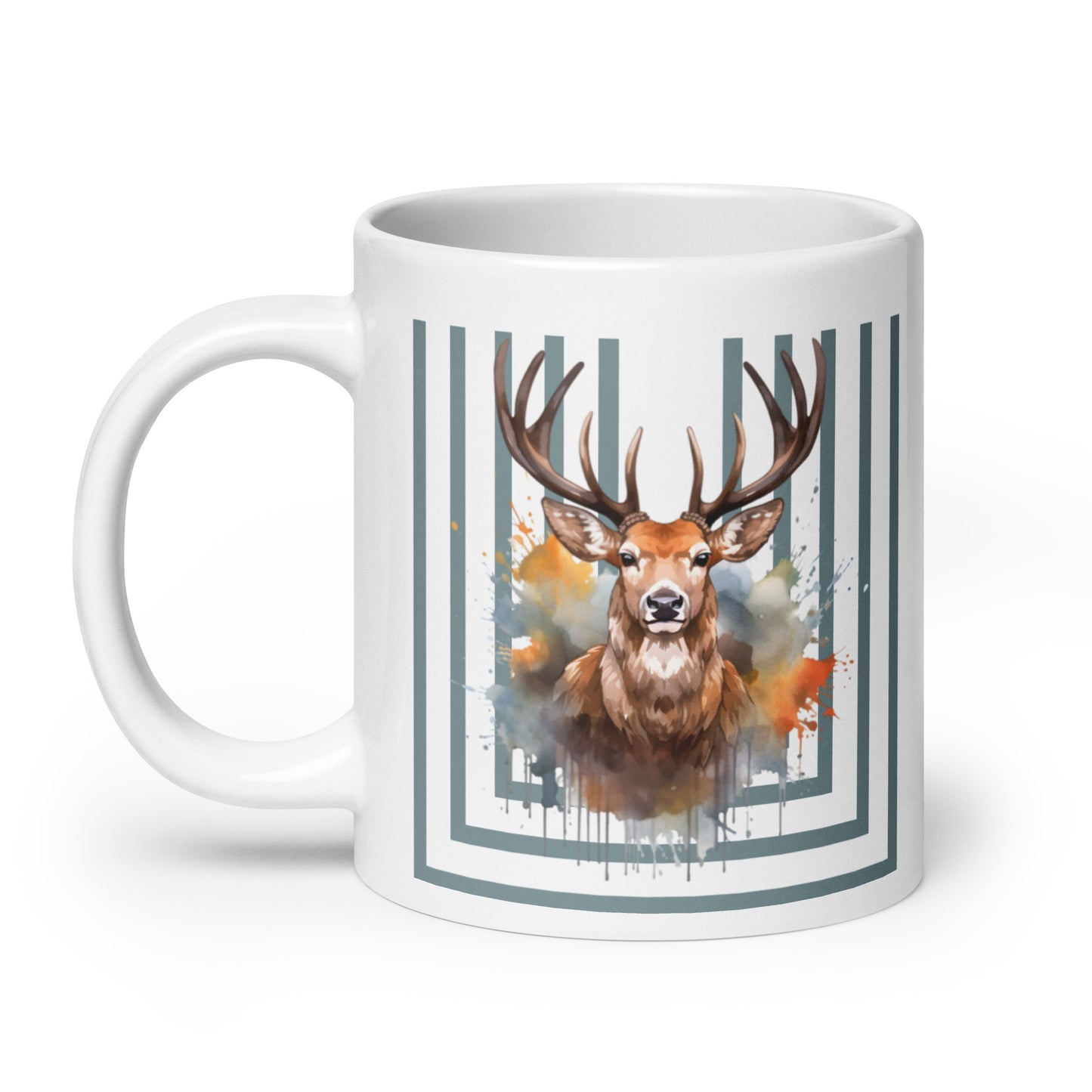 Wilderness Elegance: Deer Portrait Mug with Blue Stripes